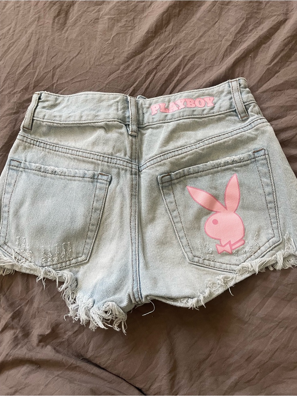 PLAYBOY Light Blue Distressed Denim Shorts with Pink Bunny Patch - Picture 4 of 5